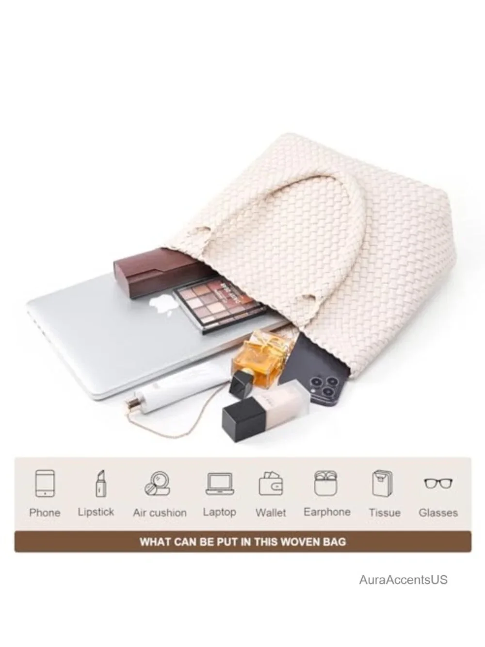 Woven Vegan Leather Tote Bag - Large Handbag with Clutch